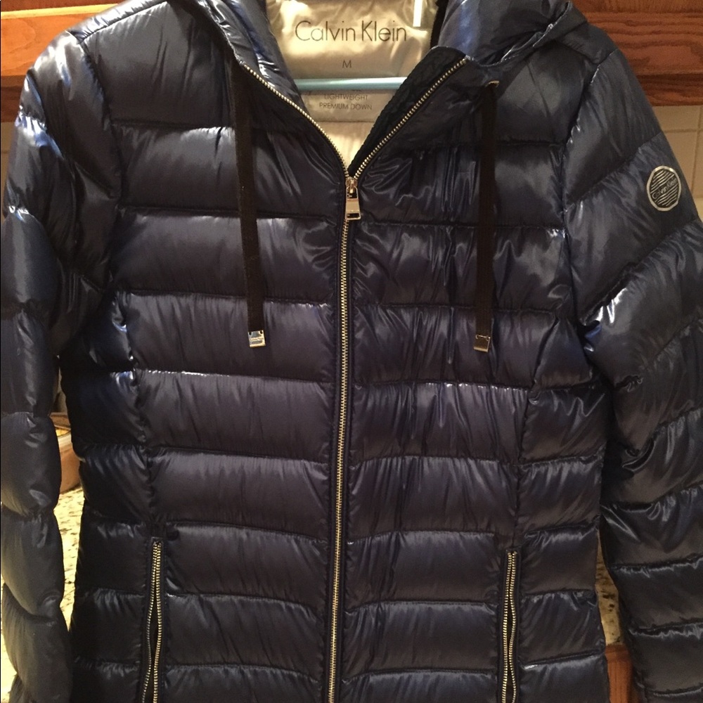 NWOT down puffer coat with hood, Calvin Klein